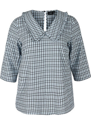 Geruite blouse met 3/4-mouwen en kraag met ruches, Light Blue Check , Packshot image number 0