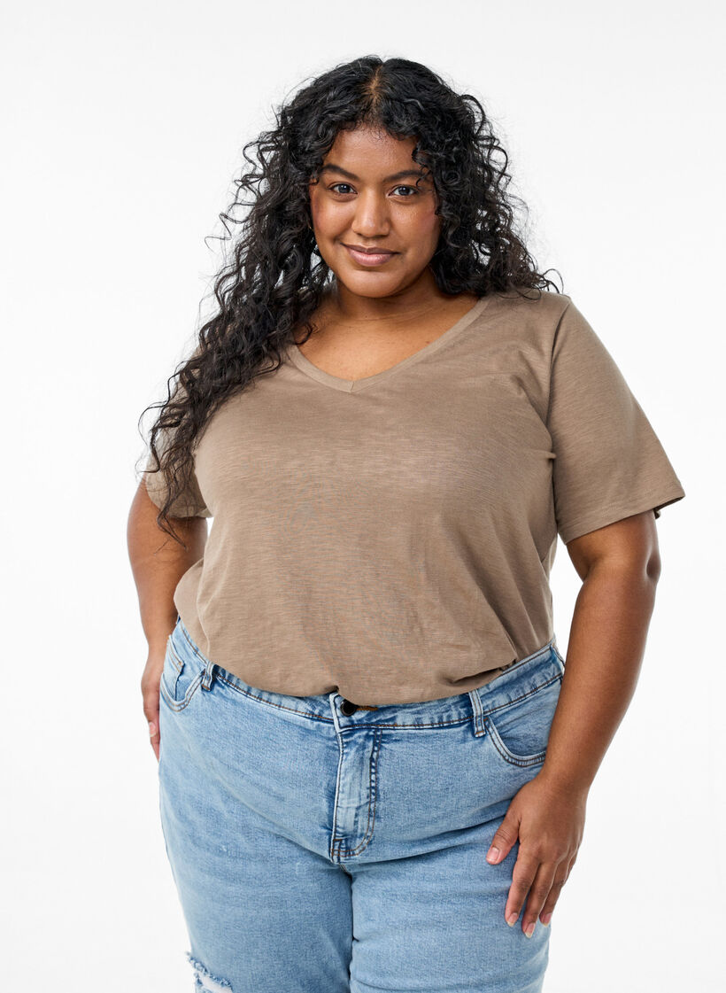 Basic t-shirt met korte mouwen en V-hals, Bruin, Model image number 0
