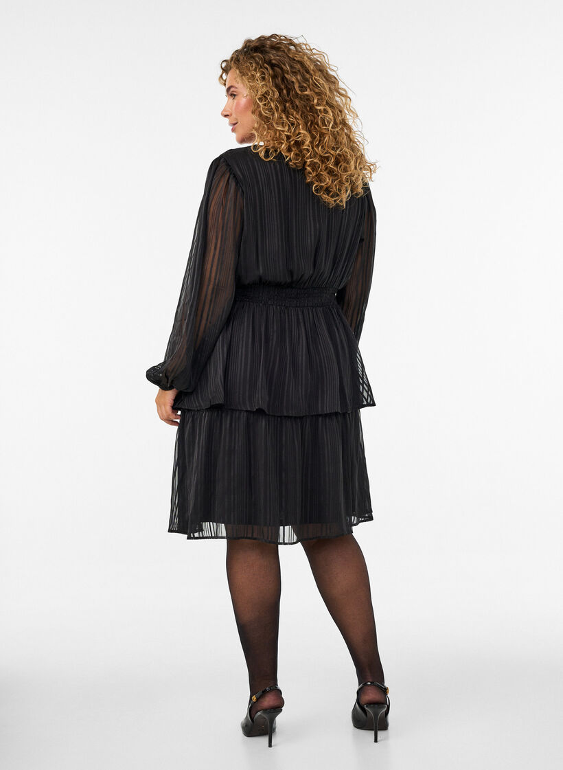 Robe longueur genou &agrave; rayures transparentes et effet portefeuille, Noir, Model image number 2