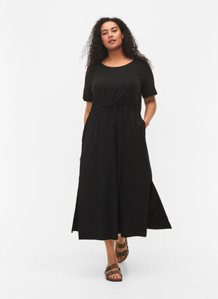 Katoenen midi-jurk met korte mouwen, Black Solid, Model image number 0