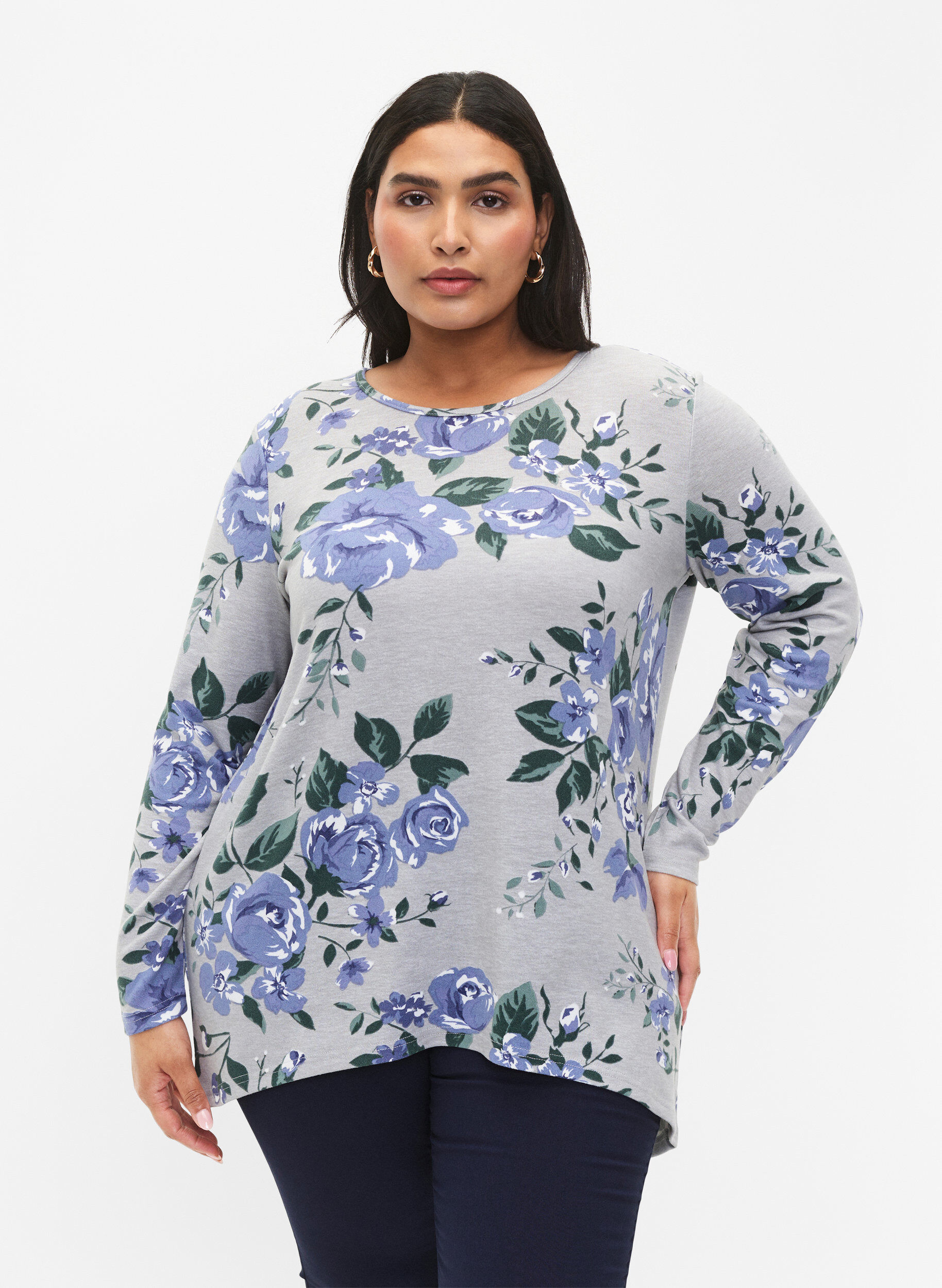 ZizziGebloemde blouse met lange mouwen, Blauw, Model image number 0