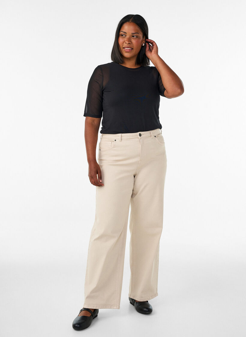 Mesh top met korte mouwen en ronde hals, Zwart, Model image number 1