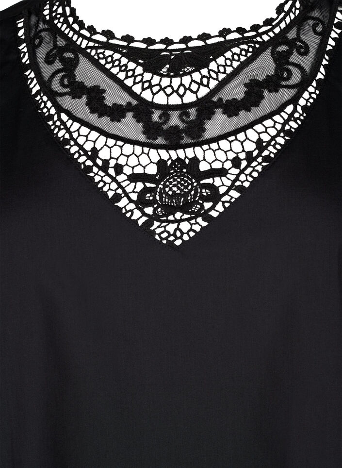 Blouse met korte mouwen en kant detail, Black, Packshot image number 2