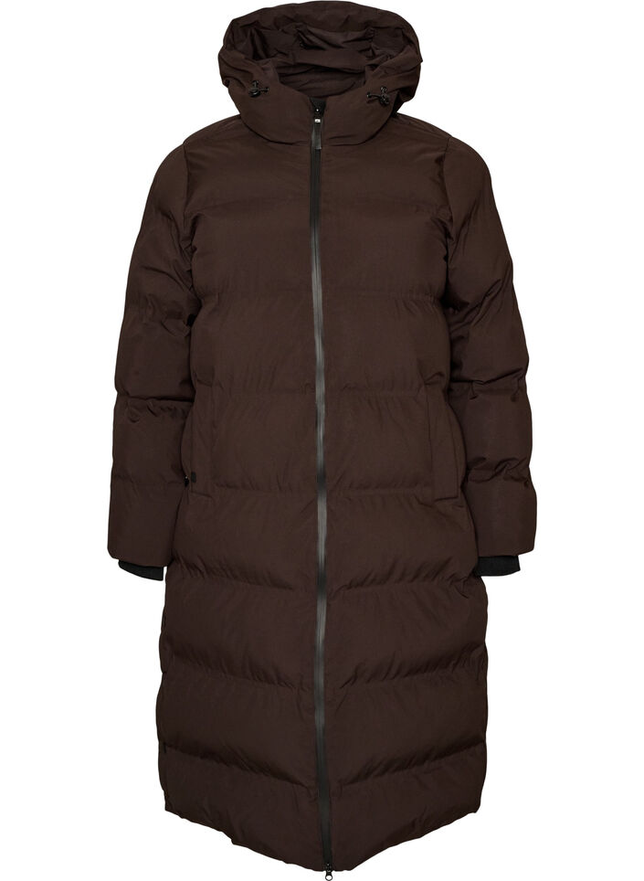 Lange puffer winterjas met capuchon, Bruin, Packshot image number 0