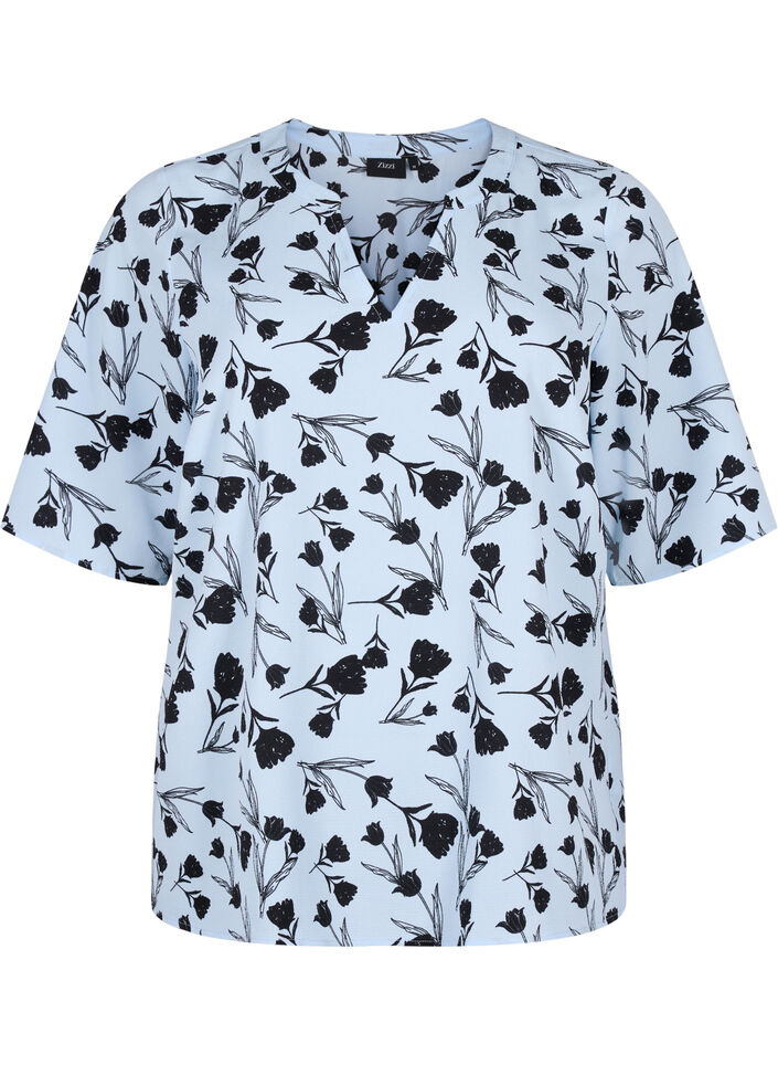  Blouse met V-hals en bloemenprint, Cashmere Blue Flower, Packshot image number 0