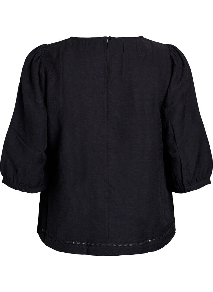Viscosemix blouse met linnen en geplooide schouders, Zwart, Packshot image number 1