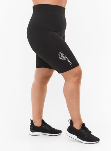 Lange strakke sport shorts met logo, Black, Model image number 0