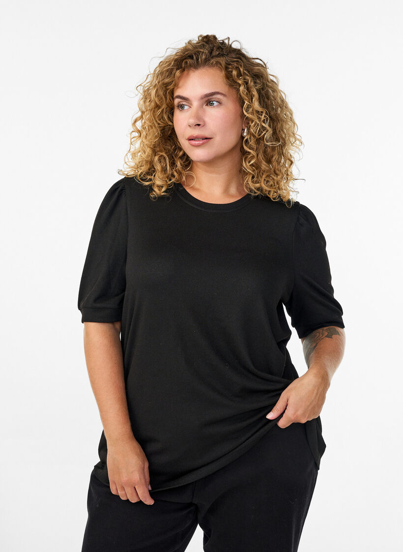 Blouse met knoopdetail en korte pofmouwen, Zwart, Model image number 0