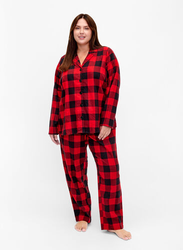 Bas de pyjamas à carreaux en coton, Tango Red Check, Model image number 0