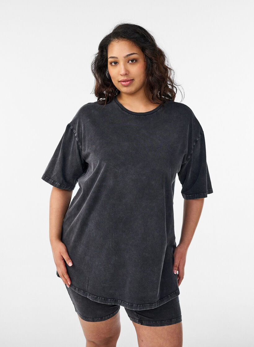 Sporty katoenen T-shirt met een gewassen effect, Zwart, Model image number 0