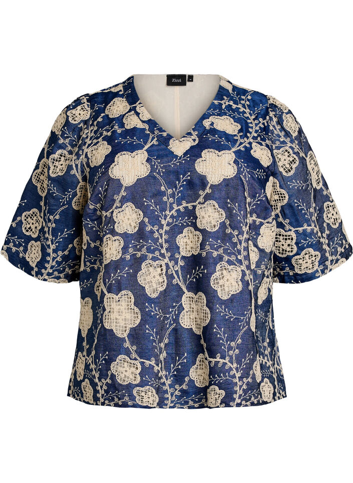 Blouse avec col en V et motif brod&eacute;, Bleu, Packshot image number 0