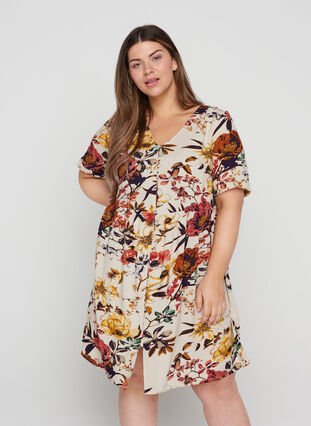 Viscose midi-jurk met bloemenprint , Beige Flower AOP, Model image number 0