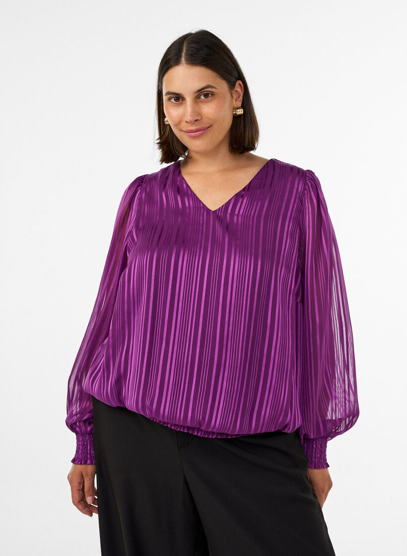 Blouse &agrave; rayures avec coupe ballon, Violet, Model image number 0