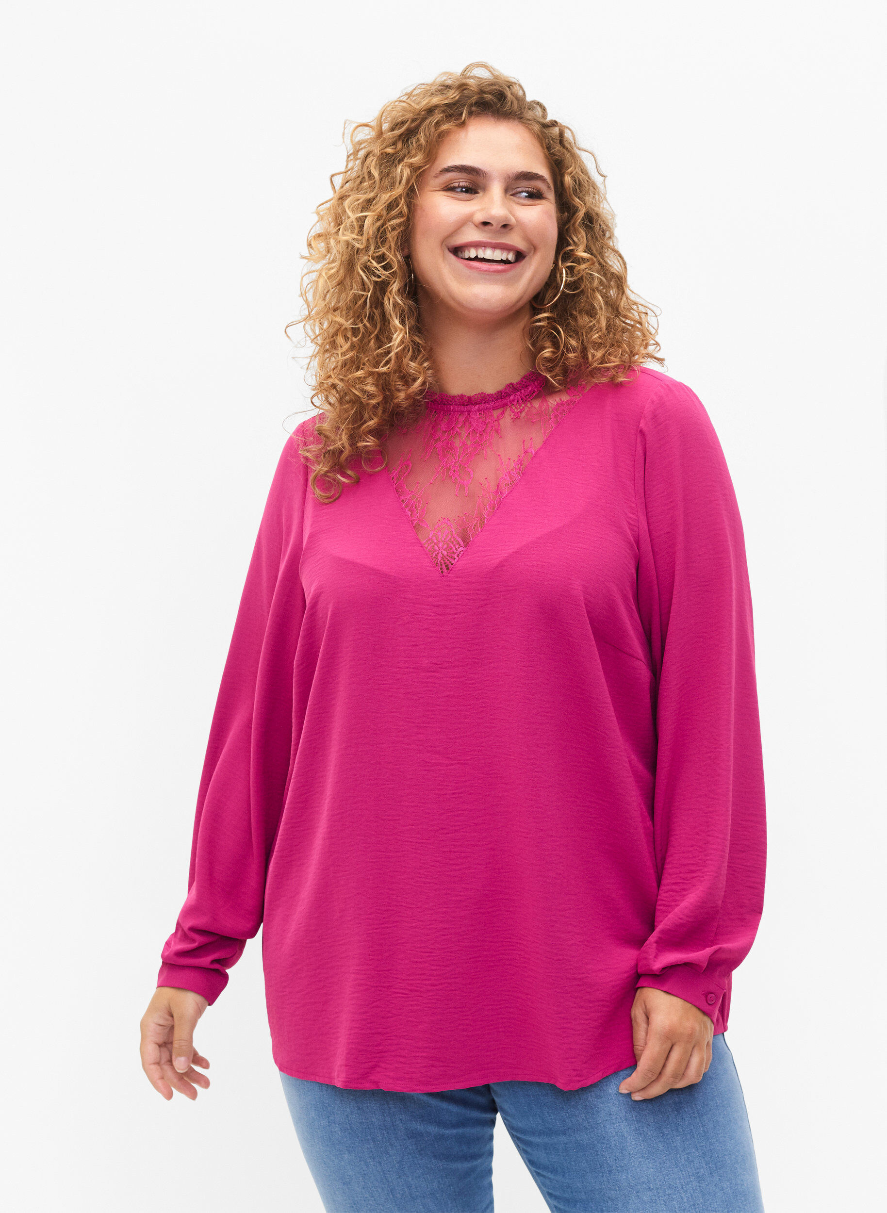 ZizziBlouse met lange mouwen en kanten detail, Festival Fuchsia, Model image number 0