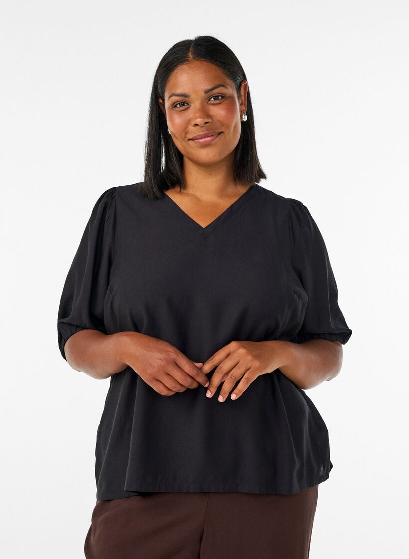 Blouse en viscose avec col en V, Noir, Model image number 0