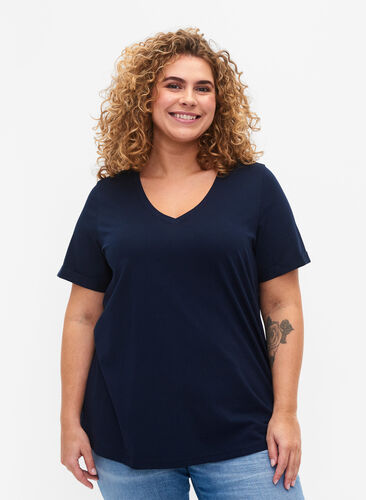T-shirt en coton à encolure en V, Navy Blazer, Model image number 0