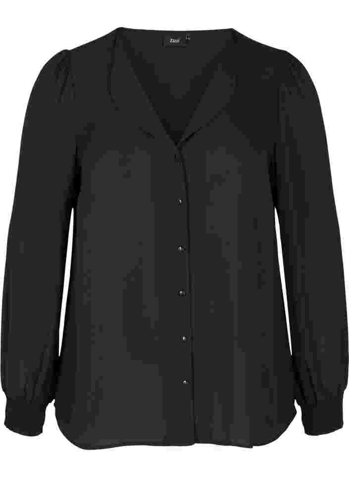 Chemise à col en V avec smock, Black, Packshot image number 0