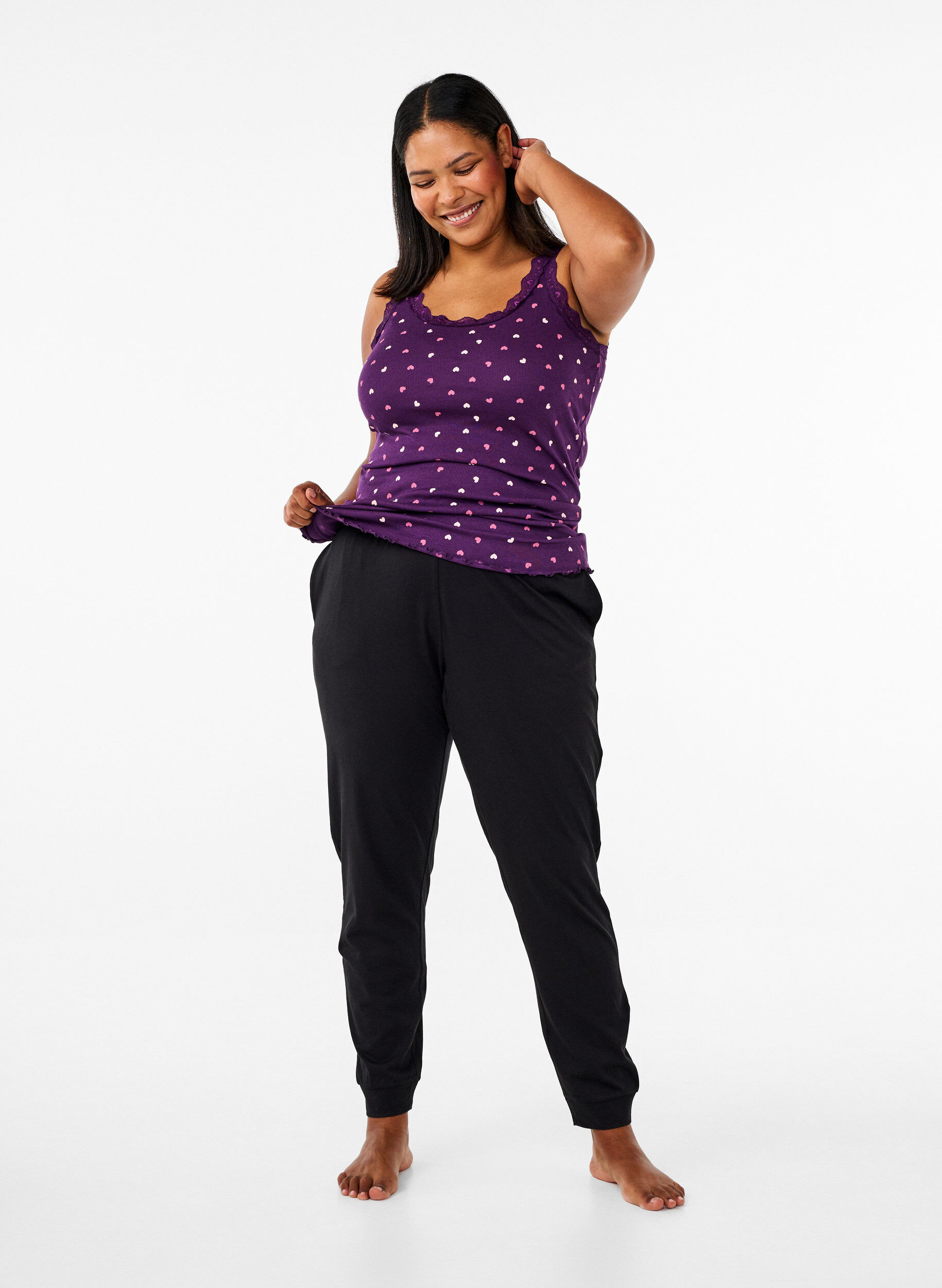 ZizziTop met print en kanten rand, Paars, Model image number 1