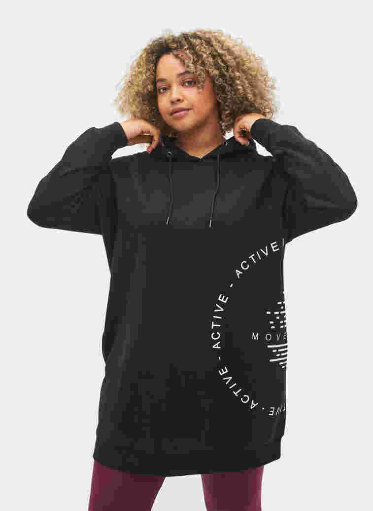 Pull long avec capuche et détails imprimés, Black w. Logo Print, Model
