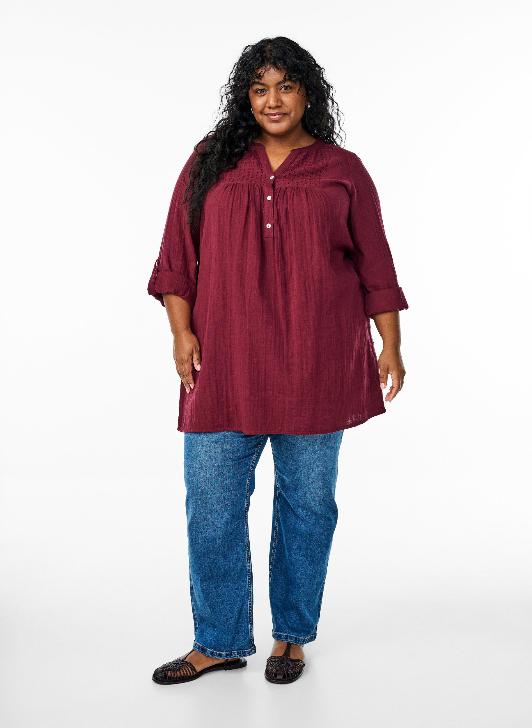 ZizziKatoenen mousseline tuniek met broderie anglaise, Donker Bordeaux, Model image number 1