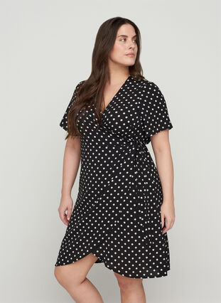 Robe portefeuille manches courtes, Black w White Dot, Model image number 0