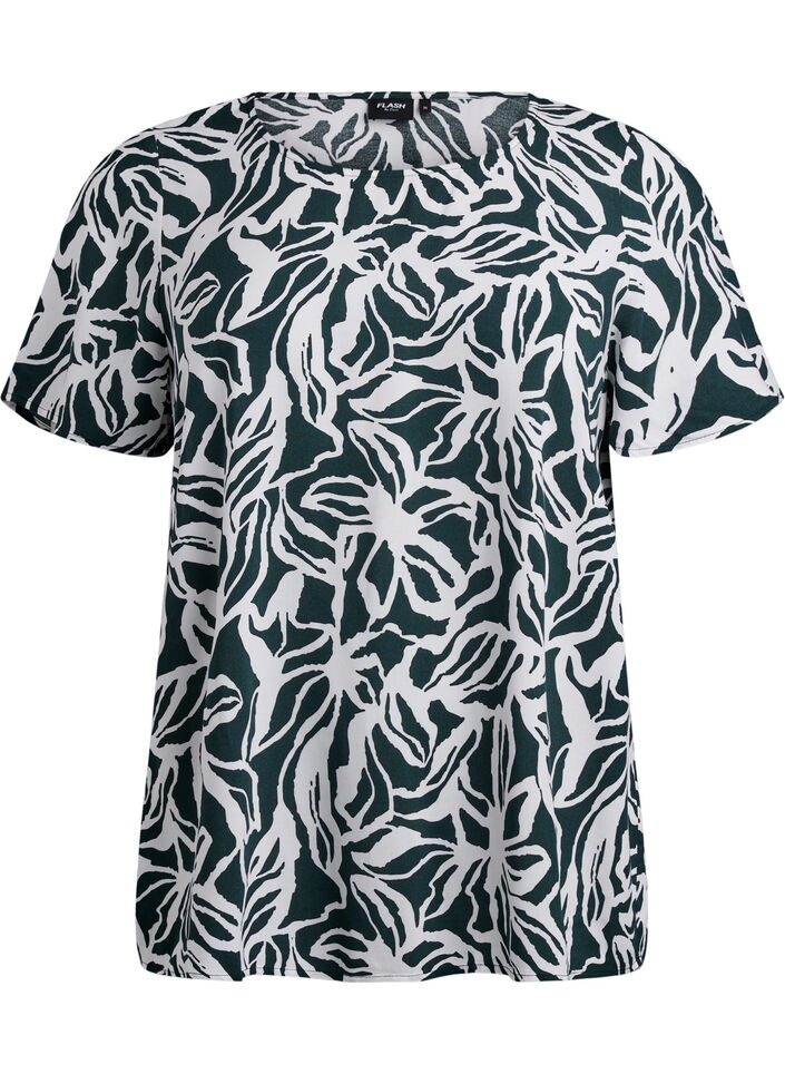 Blouse en viscose &agrave; manches courtes avec imprim&eacute;, Vert fonc&eacute;, Packshot image number 0