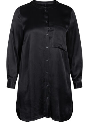 Lang glanzend shirt met split, Black, Packshot image number 0