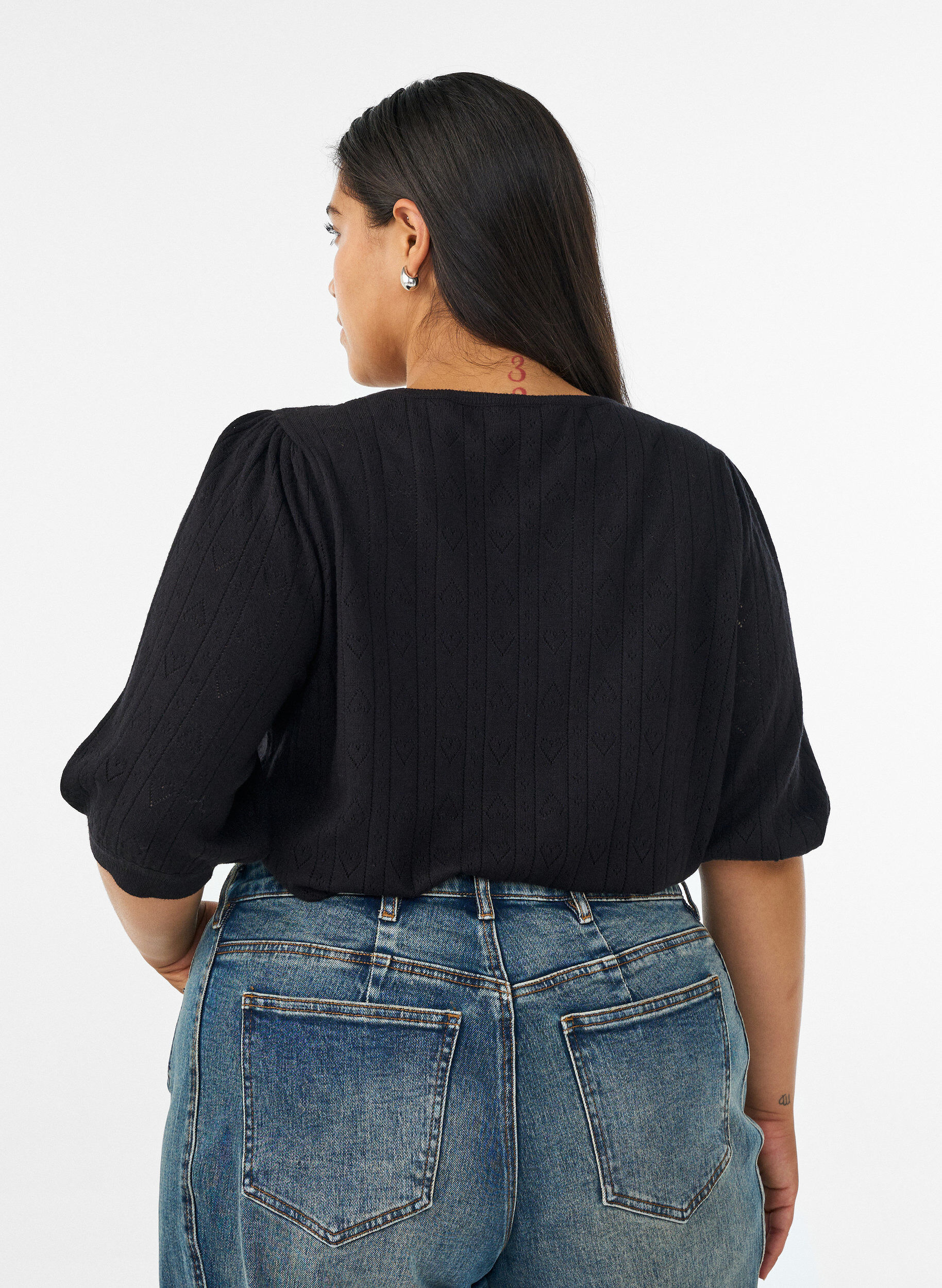 ZizziBlouse en maille pointelle &agrave; manches courtes, Noir, Model image number 2