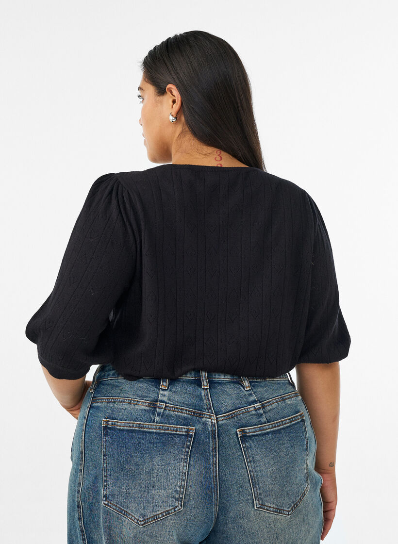 Blouse en maille pointelle &agrave; manches courtes, Noir, Model image number 2