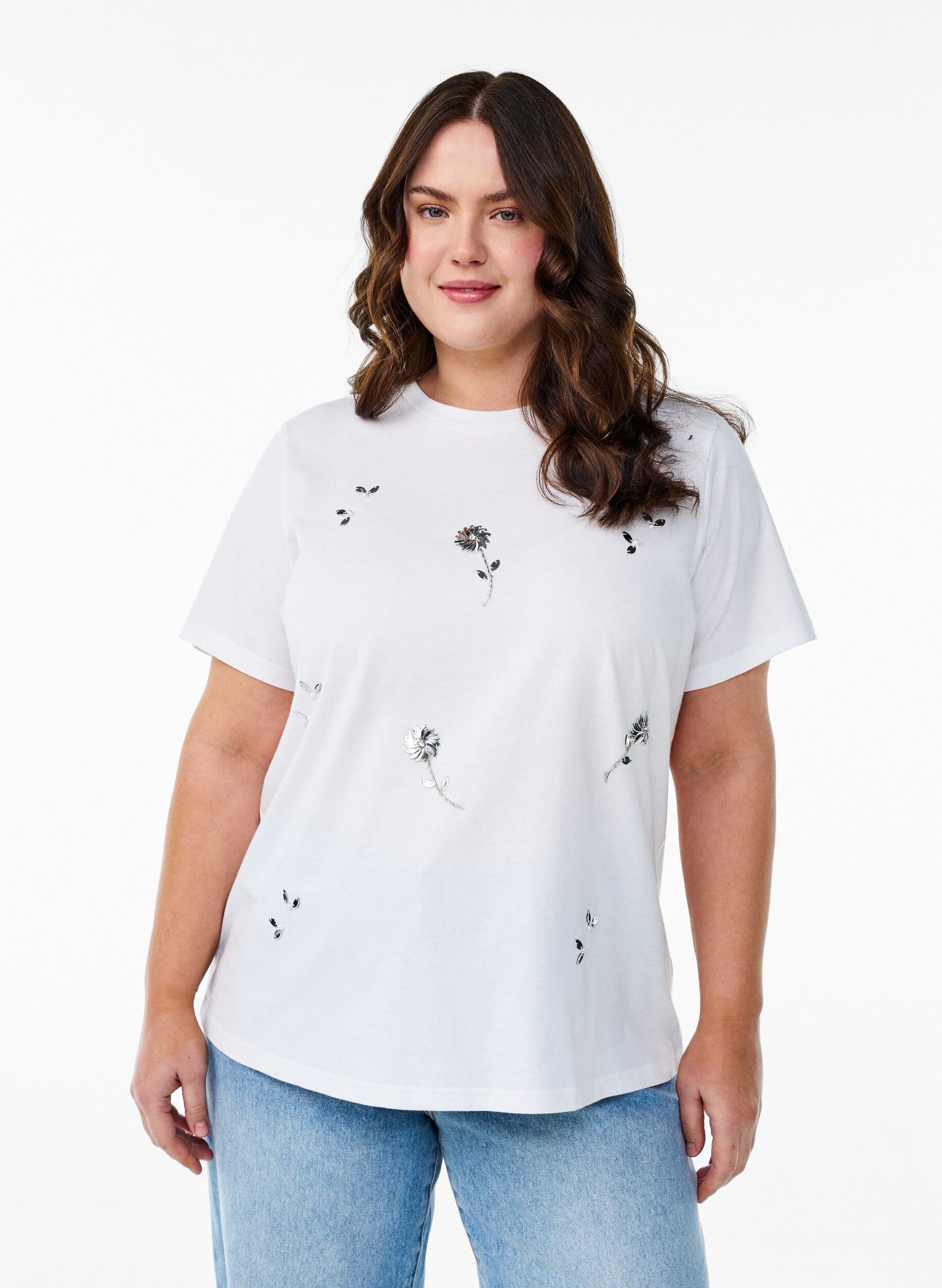 Zizzi T-shirt avec fleurs en sequins, Blanc, Model image number 0
