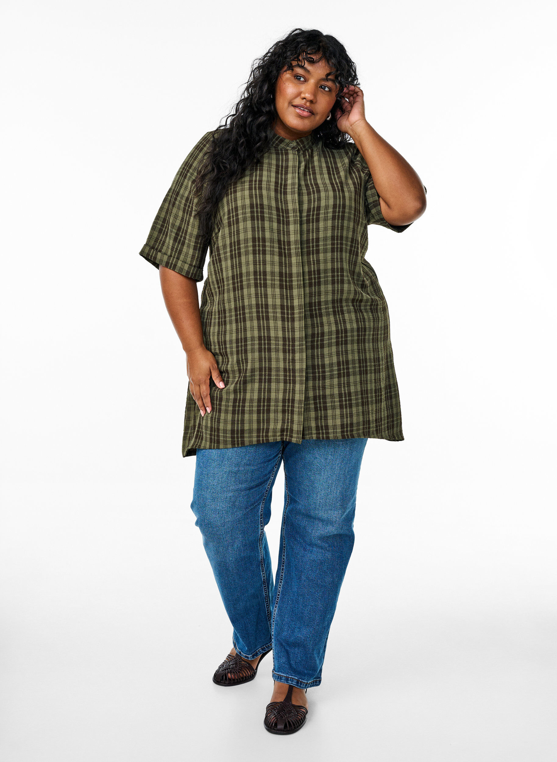 ZizziTuniek met korte mouwen en ruitpatroon, Groen, Model image number 1