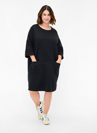 Sweat jurk met 3/4 mouwen en zakken, Black, Model image number 2