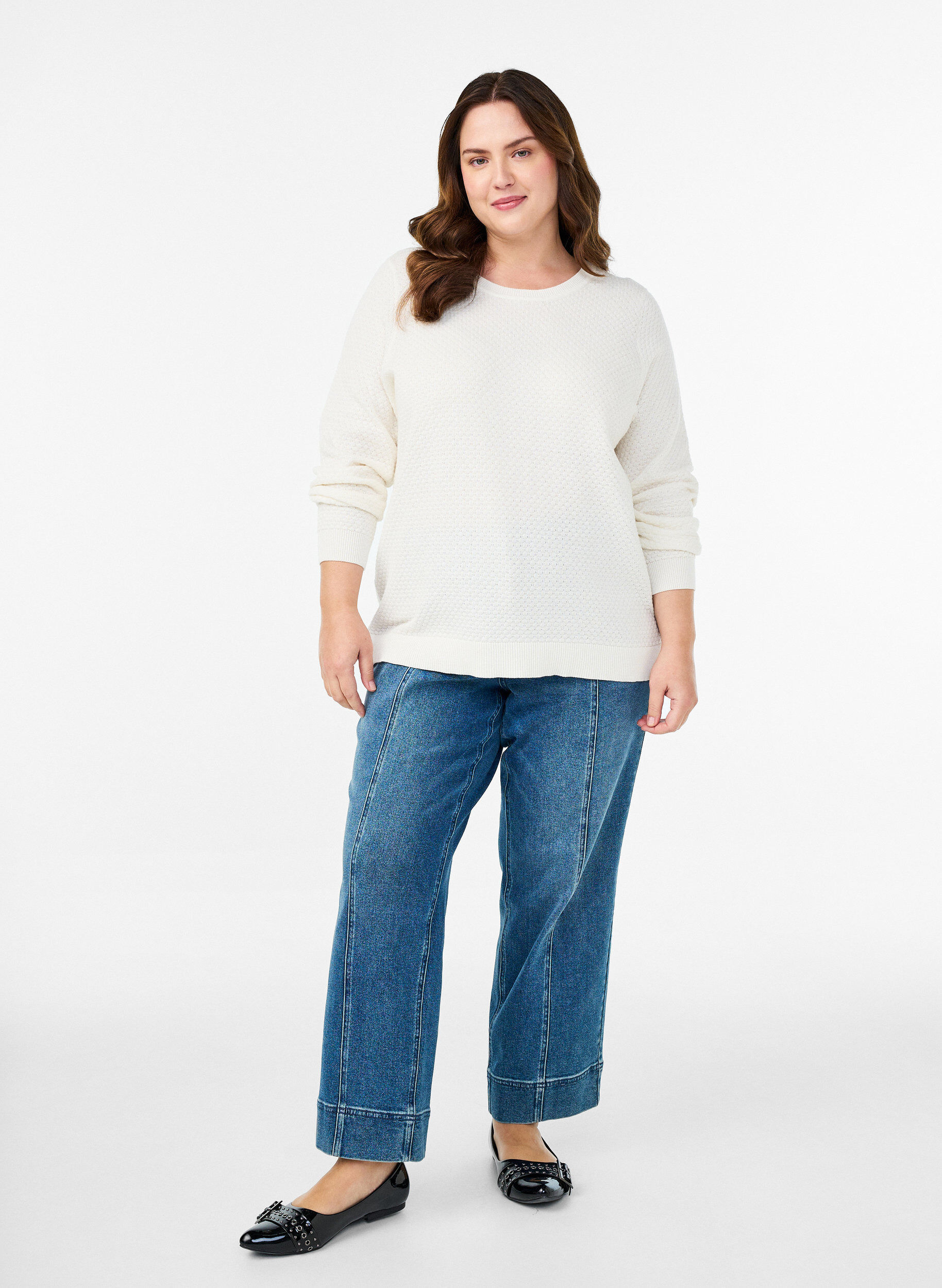 Zizzi Blouse en maille de coton &agrave; motif textur&eacute;, Vanille, Model image number 1