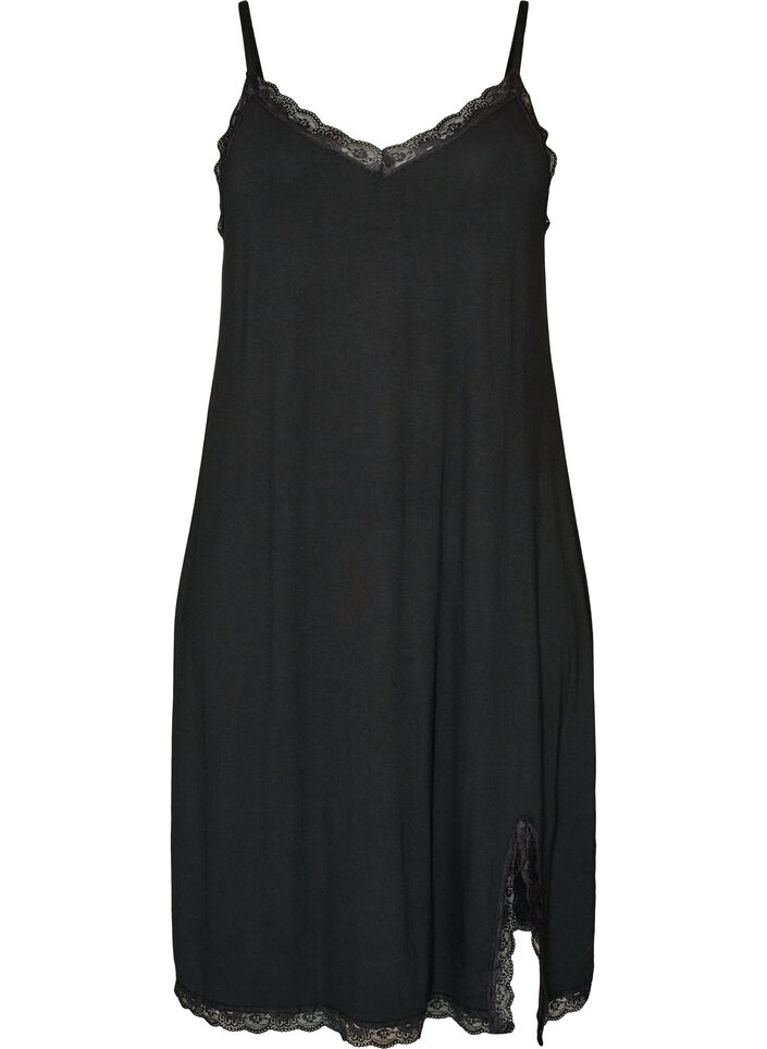 Nuisette en viscose avec dentelle et fentes, Noir, Packshot image number 0