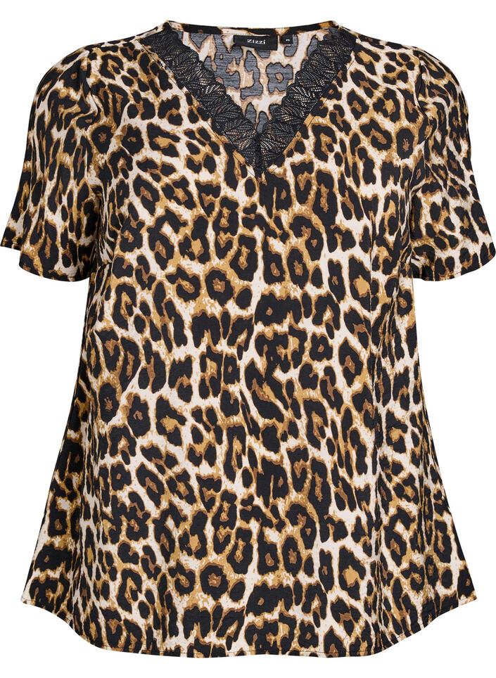 Chemisier en viscose à manches courtes avec bordure en dentelle, Marron, Packshot image number 0