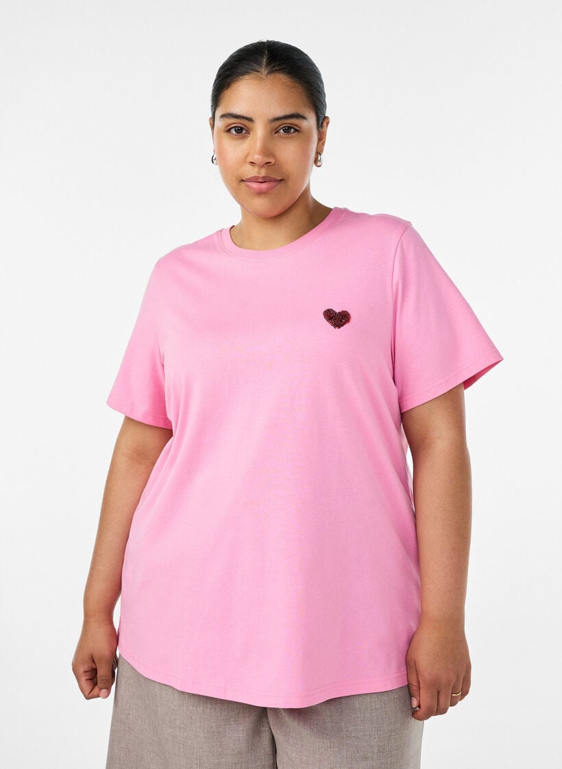T-shirt met pailletten hart en kleurrijke achterprint, Roze, Model image number 0