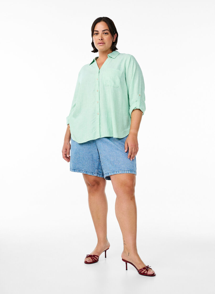 Chemise en lin et viscose avec manches 3/4, Vert clair, Model image number 1