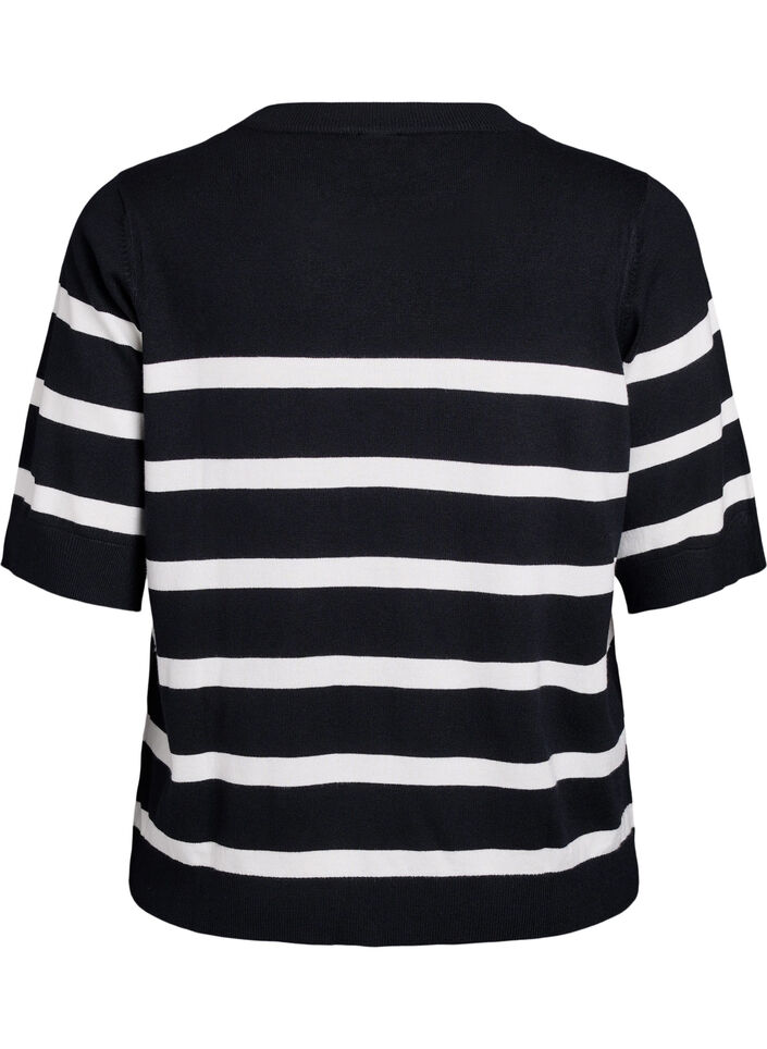 Haut en maille ray&eacute;e &agrave; manches courtes, Noir, Packshot image number 1