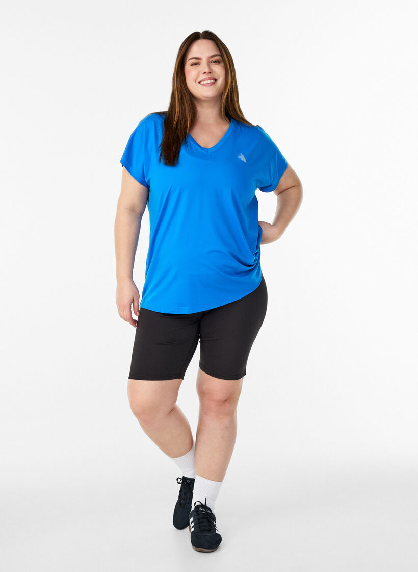T-shirt ample de sport &agrave; col en V, Bleu, Model image number 1