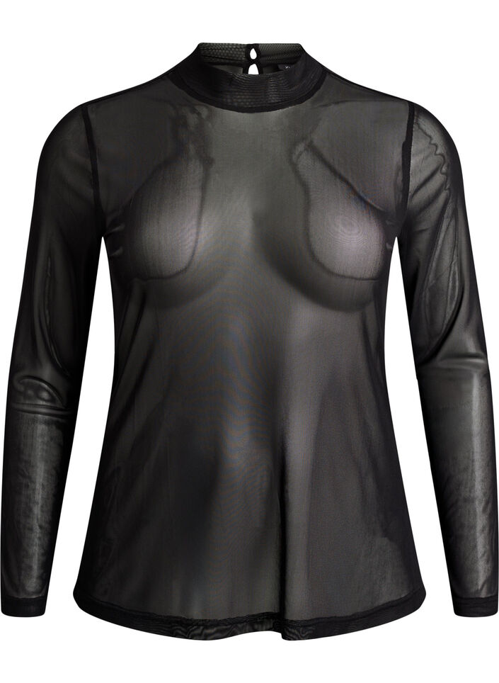 Getailleerde blouse van mesh met lange mouwen, Zwart, Packshot image number 0