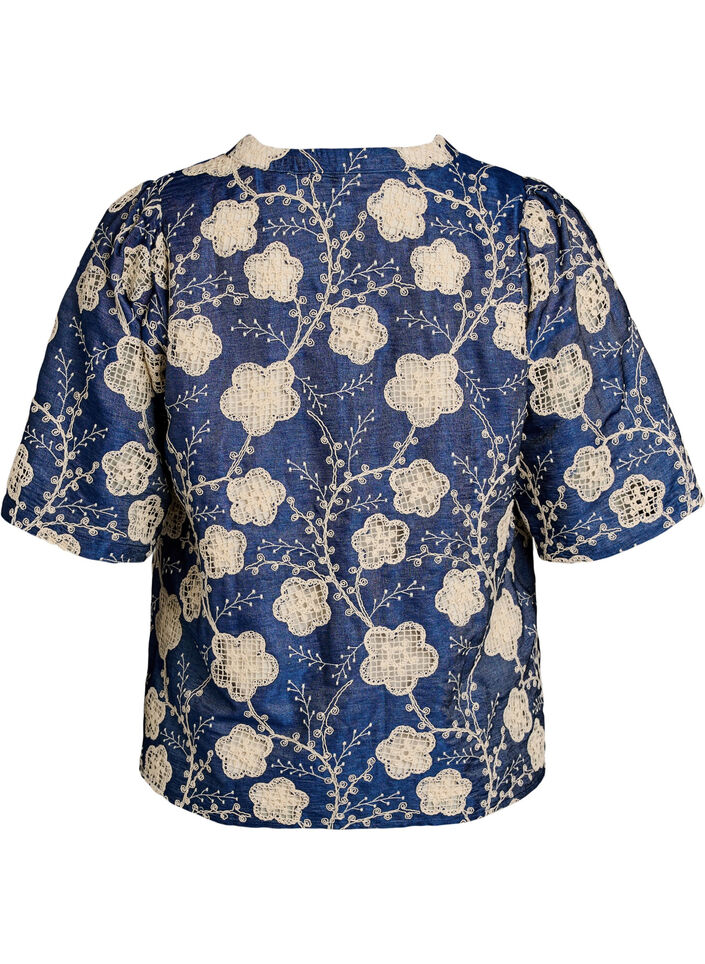 Blouse avec col en V et motif brod&eacute;, Bleu, Packshot image number 1