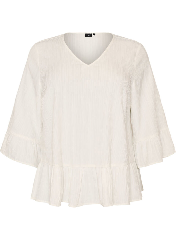 Blouse textur&eacute;e avec col V et volants, Vanille, Packshot image number 0