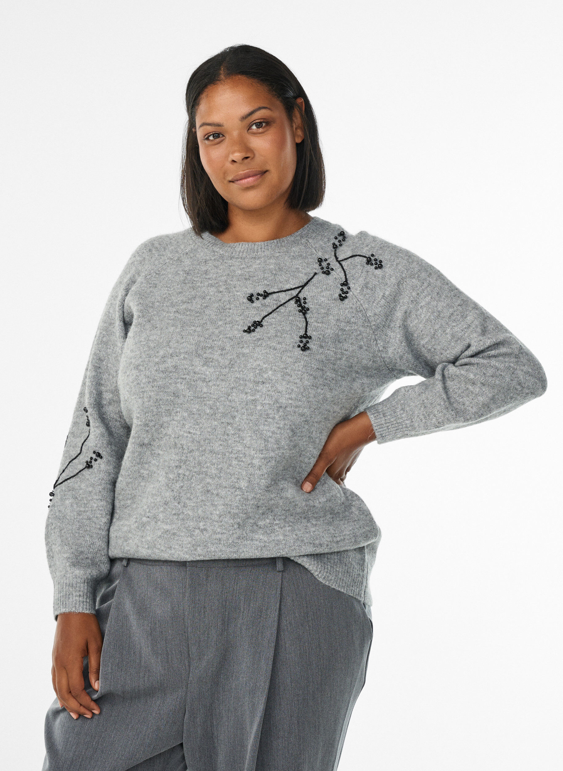 Pull brod&eacute; de perles, Gris, Model