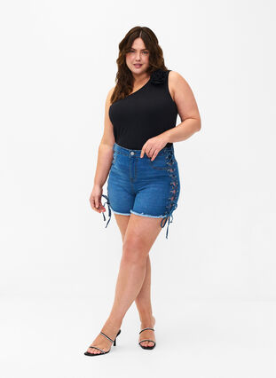 Shorts en jean avec détails à lacets, Blue Denim, Model image number 4