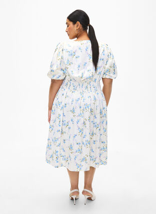 Satijnen jurk met pofmouwen en bloemenprint, Off White Blue Fl., Model image number 1