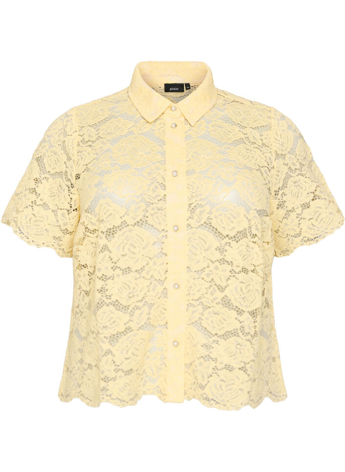 Chemisier en dentelle avec boutons perl&eacute;s, Jaune clair, Packshot image number 0