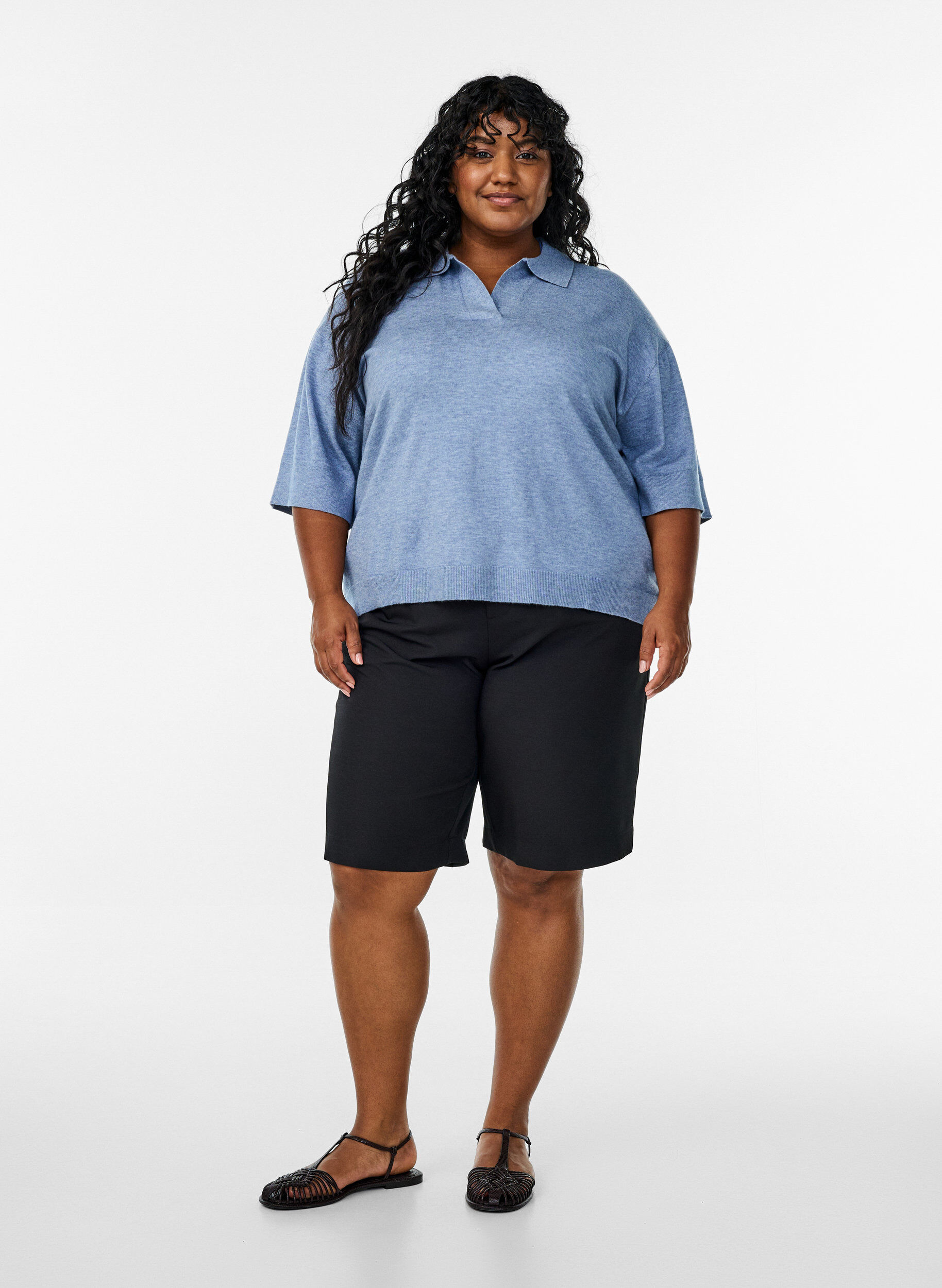 ZizziGebreide blouse met een kraag en korte mouwen, Blauw, Model image number 1