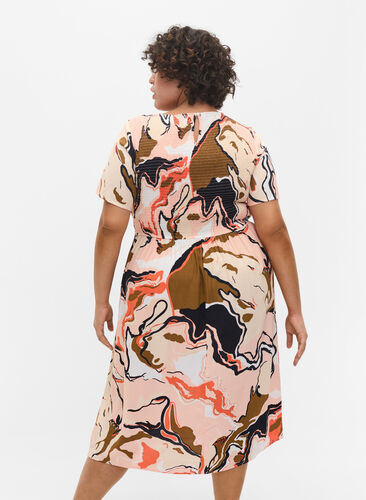 Viscose jurk met print en smokwerk, Abstract AOP, Model image number 1