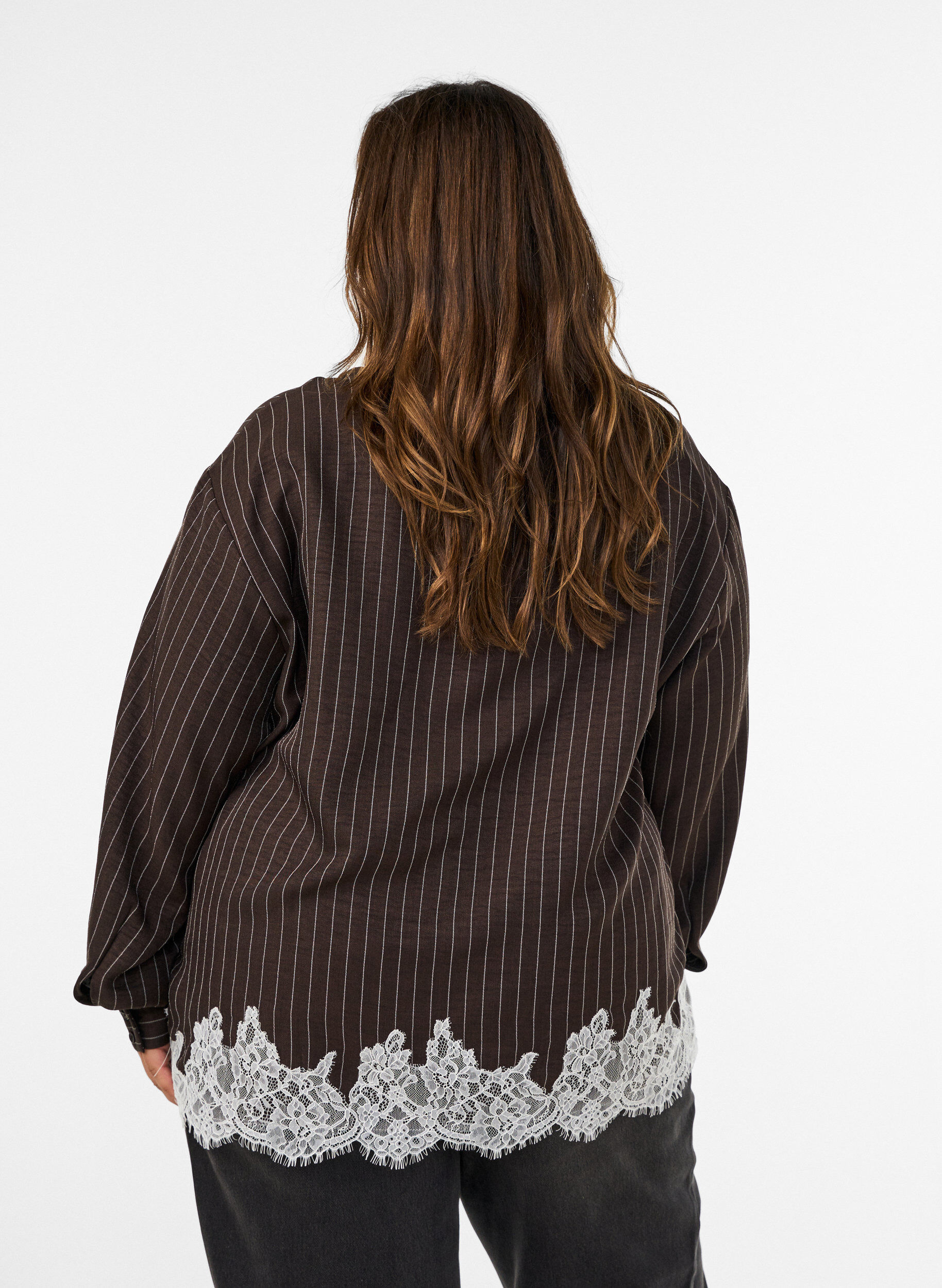 ZizziKrijtstreepblouse met kanten rand, Bruin, Model image number 2