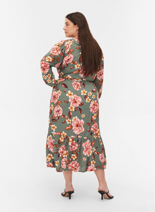 Gebloemde viscose midi-jurk met kraag, Flower AOP, Model image number 1